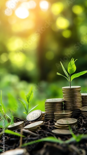 A stack of coins surrounded by green plants symbolizes growth and sustainability in a natural setting.