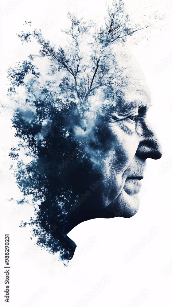 Abstract visual illustration representing dementia on a white background, depicting the disintegration of the human mind and cognitive decline through artistic and symbolic imagery. Abstract visual illustration representing dementia on a white background, depicting the disintegration of the human mind and cognitive decline through artistic and symbolic imagery.