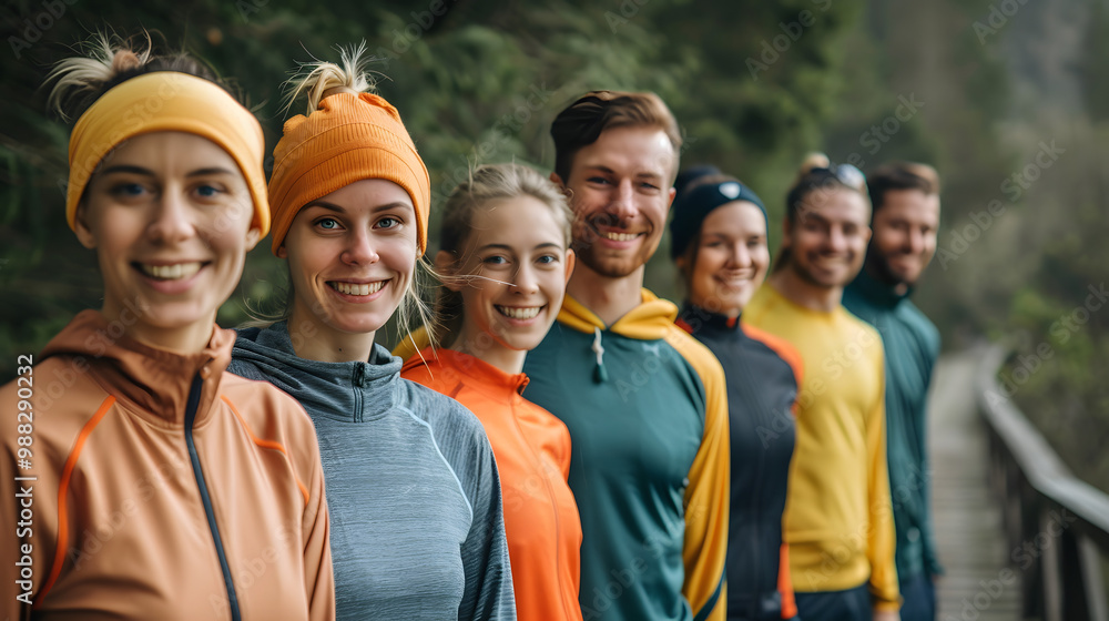 Portrait of a happy sporty people friends in sportswear looking at camera standing in a row on the bridge after successful workout in park. Outdoors training and fitness in nature Portrait of a happy sporty people friends in sportswear looking at camera standing in a row on the bridge after successful workout in park. Outdoors training and fitness in nature