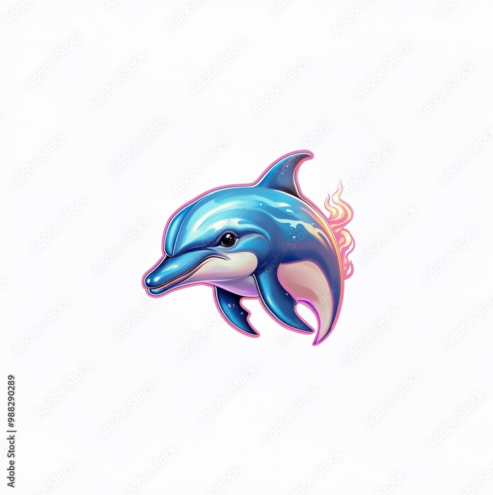 A blue dolphin with a pink outline, is leaping through the air with flames of fire trailing behind it.