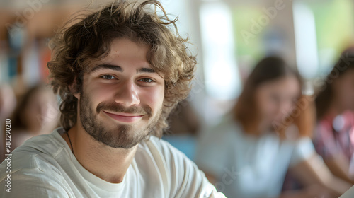 Portrait of a happy male college or university student in the classroom. Handsome young man holding a textbook and smiling at the camera while his classmates are studying new books