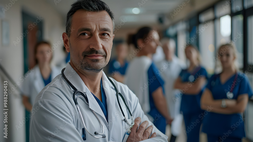 Portrait of a man doctor standing with a team of other doctors and nurses in the hospital. Group portrait highlights the clinic medical staff, showcasing teamwork and dedication Portrait of a man doctor standing with a team of other doctors and nurses in the hospital. Group portrait highlights the clinic medical staff, showcasing teamwork and dedication