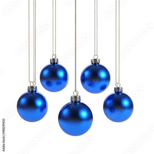 five blue christmas balls hanging on ribbon, isolated on white background ,Christmas Ornaments isolated on a white background