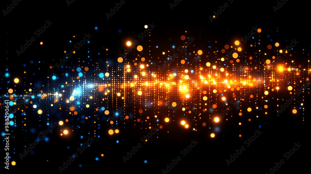 Fototapeta premium Vibrant abstract background with glowing dots and waves in orange, blue, and gold tones, ideal for artistic and creative projects.