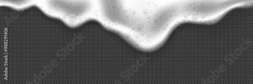 White foam flow isolated on transparent background. Vector realistic illustration of beer froth with air bubbles, cleaning detergent, bath washing gel, liquid soap splash, oxygen face mask effect