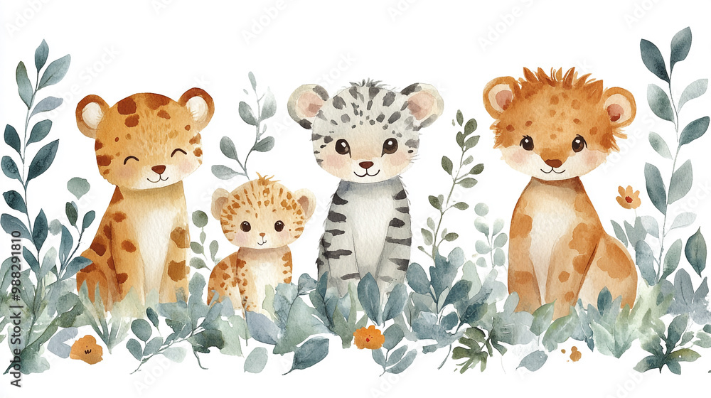 Obraz premium Whimsical illustration of four adorable baby big cats surrounded by lush foliage, perfect for playful designs and children's themes.