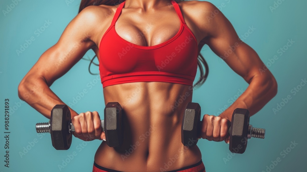 Stunning fitness model engaging in dumbbell exercises against a gray backdrop in close up shot Stunning fitness model engaging in dumbbell exercises against a gray backdrop in close up shot