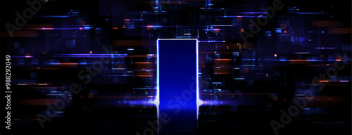 Open door on blue glitch background. Vector realistic illustration of neon lines on black backdrop with futuristic portal, computer system error, cyber security network, information technology tunnel