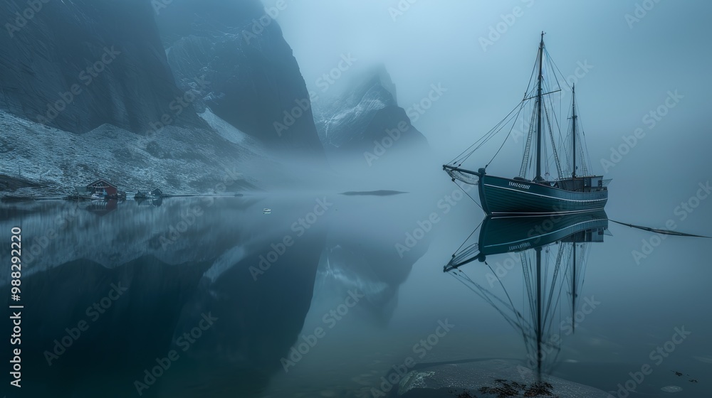 Obraz premium Sailing Ship in Misty Norwegian Fjord, Tranquil Scene. Reflections, Dramatic Mountains
