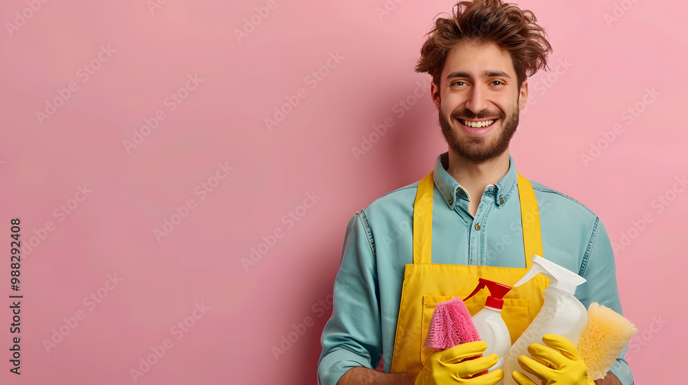 Portrait of happy smiling male young janitor in uniform looking cheerful at camera holding household cleaning supplies in hands. Cleaning team service, housework and housekeeping Portrait of happy smiling male young janitor in uniform looking cheerful at camera holding household cleaning supplies in hands. Cleaning team service, housework and housekeeping