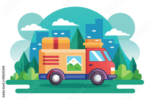 A delivery truck transports packages across a vibrant urban landscape, surrounded by lush trees and mountains in the background.