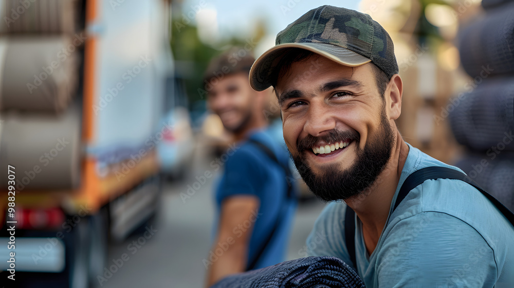 Portrait of smiling male movers carry carpet recommend good quality delivery or transportation service. Happy deliverymen or carriers help customer with moving or relocation Portrait of smiling male movers carry carpet recommend good quality delivery or transportation service. Happy deliverymen or carriers help customer with moving or relocation