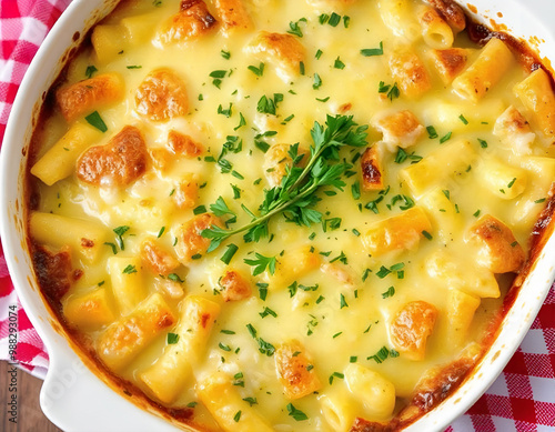 a pasta casserole dish filled with a creamy, cheesy dish, suace bashamel, garnished with fresh herbs. The dish is surrounded by a red and white checkered napkin, suggesting a homemade, rustic style me photo