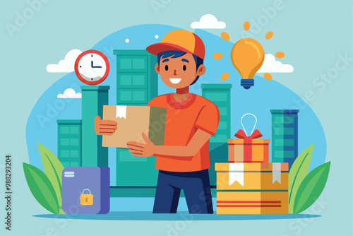 A delivery service worker cheerfully holds a package, ready to send it off in an urban environment filled with buildings and greenery.