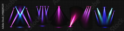 Stage spotlight illumination set isolated on transparent background. Vector realistic illustration of color beams glowing in nightclub, at disco party, music show or dance performance, bright lamps