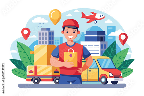 A cheerful delivery service worker stands in an urban area, holding a package, surrounded by vehicles, buildings, and a bright sky.