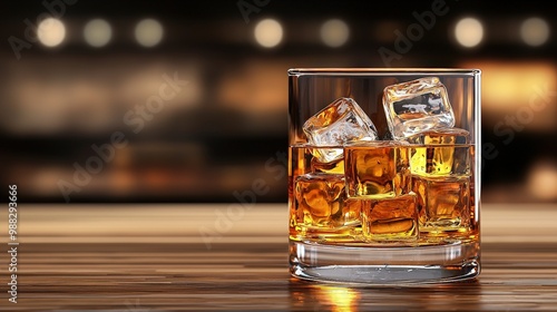 Exquisite Whiskey Glass with Ice on Wooden Table Showcasing Refined Textures and Reflections