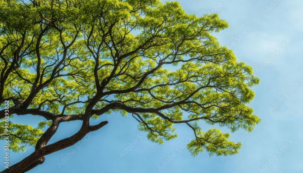 Fototapeta premium A vibrant tree branch with lush green leaves against a clear blue sky, symbolizing nature and tranquility.