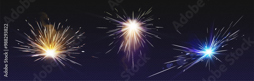 Weld starburst fire and spark effect on dark background. Flare from work of electric welding machine for metal surface. Realistic 3d vector set of sparkler circular flame with flying lightnings.