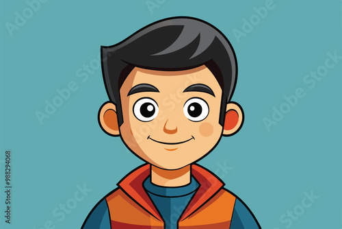 A cheerful boy wearing a bright jacket smiles warmly, set against a vibrant blue backdrop, showcasing a playful and engaging cartoon style.