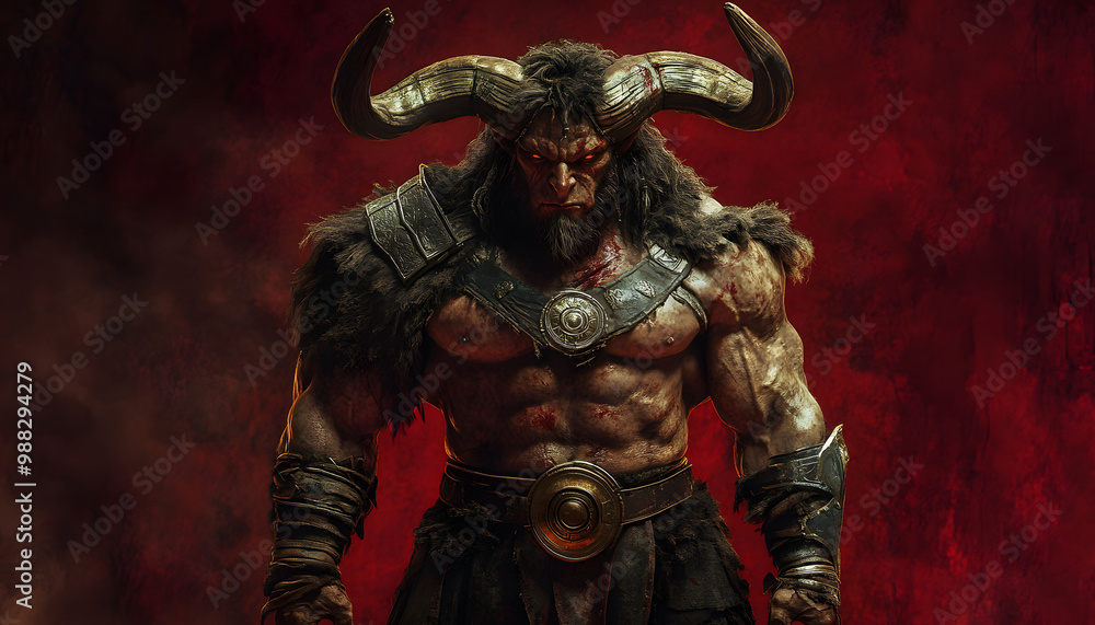 Fototapeta premium A hulking minotaur, ready for battle, against a solid bloodred background