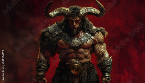 A hulking minotaur, ready for battle, against a solid bloodred background