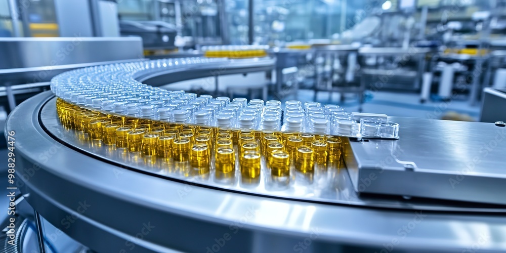 Pharmaceutical Production Line in a Factory, To showcase the modern and automated process of pharmaceutical production in a factory setting Pharmaceutical Production Line in a Factory, To showcase the modern and automated process of pharmaceutical production in a factory setting