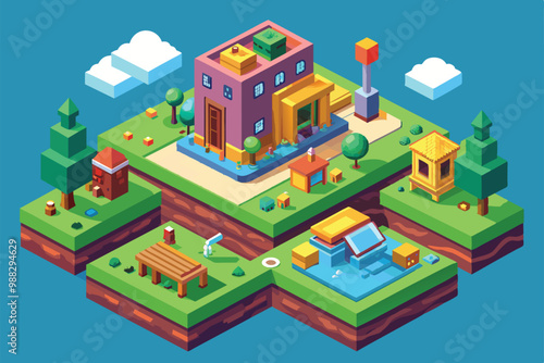 A colorful isometric view of a lively town layout with various structures, trees, and play areas under a bright sky, showcasing community and creativity.