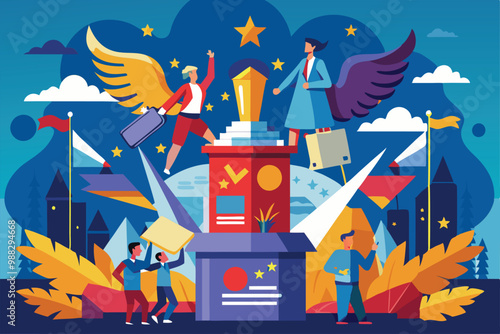 Citizens engage in a lively referendum process symbolizing democracy and freedom, surrounded by national flags and vibrant illustrations.