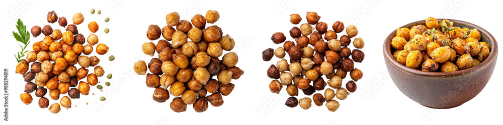 A variety of roasted chickpeas seasoned with different spices and herbs, offering a healthy and crunchy plant-based snack. A variety of roasted chickpeas seasoned with different spices and herbs, offering a healthy and crunchy plant-based snack.