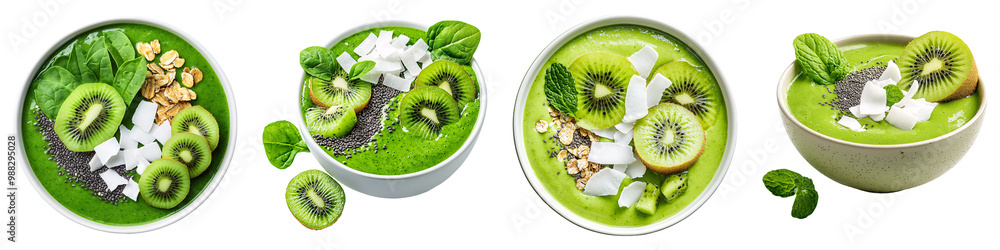 A variety of green smoothie bowls topped with fresh kiwi, spinach, chia seeds, coconut chips, and oats, offering a healthy plant-based meal or snack. A variety of green smoothie bowls topped with fresh kiwi, spinach, chia seeds, coconut chips, and oats, offering a healthy plant-based meal or snack.