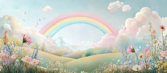 Ingelijste posters Regenboog Speelse regenboog met heuvels en bloemen  © VRVisionary