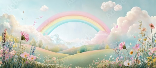 Whimsical mural wallpaper featuring fluffy clouds and a vibrant rainbow ideal for a child s room depicting a dreamy landscape with hills flowers and pastel colors
