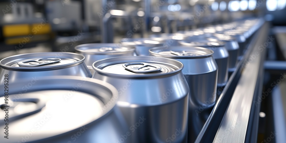 New aluminum cans moving along the conveyor belt in a beverage manufacturing factory. Represents the food and beverage industrial business. New aluminum cans moving along the conveyor belt in a beverage manufacturing factory. Represents the food and beverage industrial business.