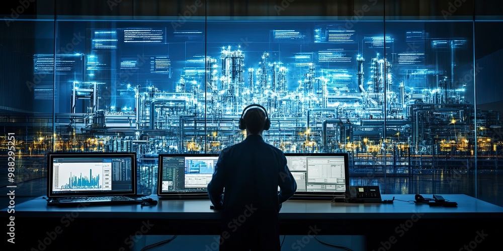 Monitoring Industrial Processes from a Central Control Room. Concept Real-time monitoring, Centralized control, Industrial processes, Efficiency optimization, Production supervision Monitoring Industrial Processes from a Central Control Room. Concept Real-time monitoring, Centralized control, Industrial processes, Efficiency optimization, Production supervision