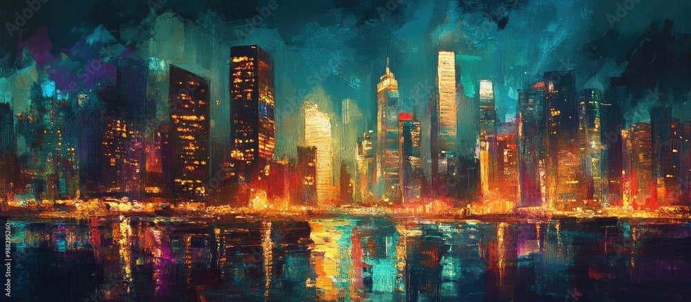 Nighttime painting of a city skyline featuring illuminated towers Nighttime painting of a city skyline featuring illuminated towers