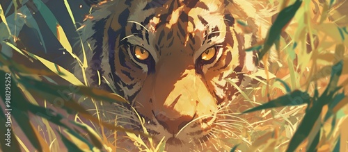 Painting of a young tiger in a stealthy hunting pose
