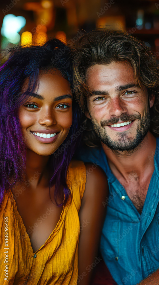 Friendly Chat at Home: Young Woman with Purple Hair and Man with Long Hair on Couch in Relaxed Conversation Setting Friendly Chat at Home: Young Woman with Purple Hair and Man with Long Hair on Couch in Relaxed Conversation Setting