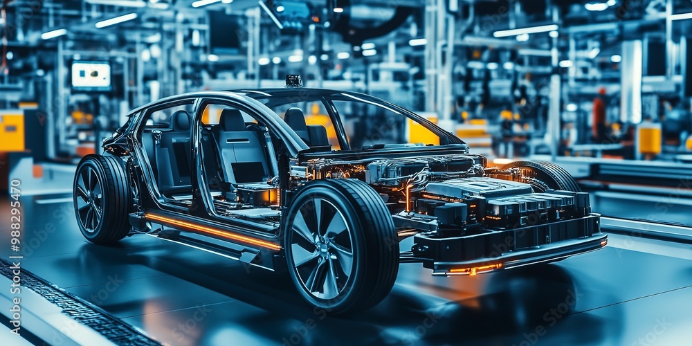 Obraz premium modern car factory production line with electric vehicle battery parts, industrial background 