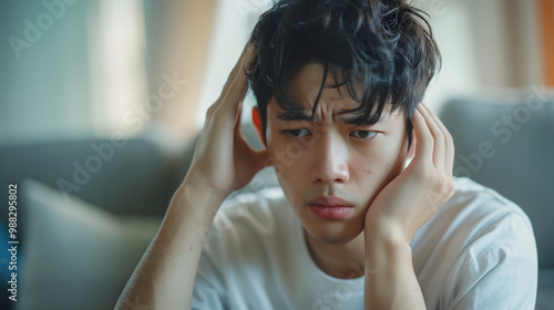 Sad unhappy, alone asian young man headache holding forehead thinking about problem, difficulty, feeling failure and exhausted, suffering sitting on sofa, grief sorrow and bad relat