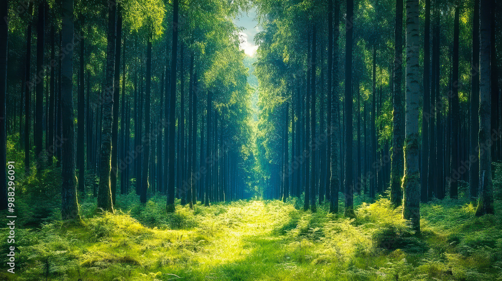 Obraz premium Sunlit Pathway Through Majestic Forest of Towering Pine Trees, Lush Greenery, and Serene Wilderness - Ideal for Nature, Tranquility, and Outdoor Adventure Concepts