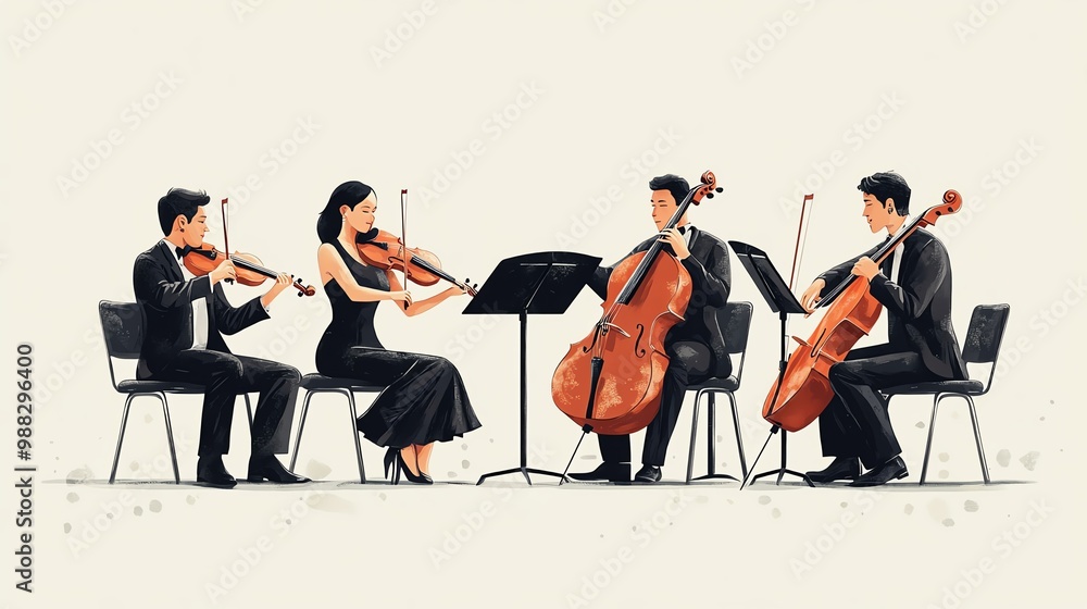 Fototapeta premium A classical music quartet performing on stage, elegant and traditional, detailed illustration, isolated on white background