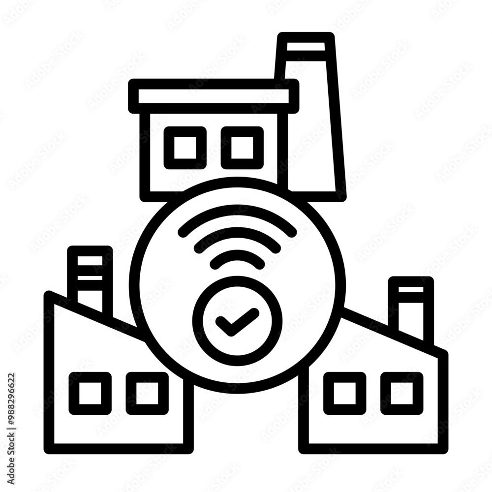 Icon for a smart factory. Three factories are connected by technology. Icon for a smart factory. Three factories are connected by technology.