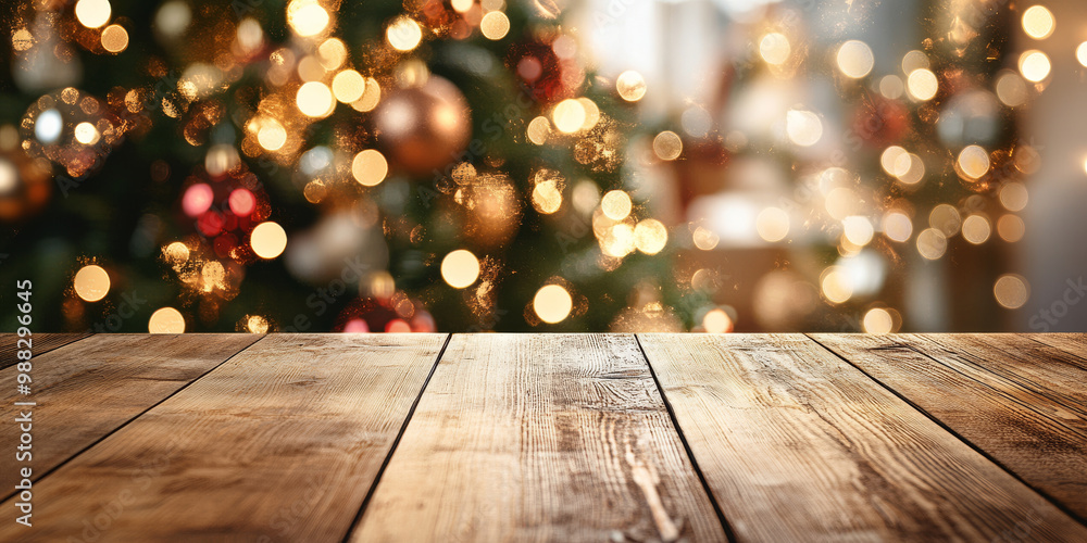 A beautifully crafted wooden table in foreground, set against backdrop of festive Christmas tree adorned with sparkling lights and colorful ornaments, creating warm and inviting holiday atmosphere A beautifully crafted wooden table in foreground, set against backdrop of festive Christmas tree adorned with sparkling lights and colorful ornaments, creating warm and inviting holiday atmosphere