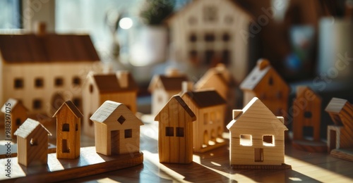 Miniature homes Wooden figures represent real estate market dynamics, Ai Generated