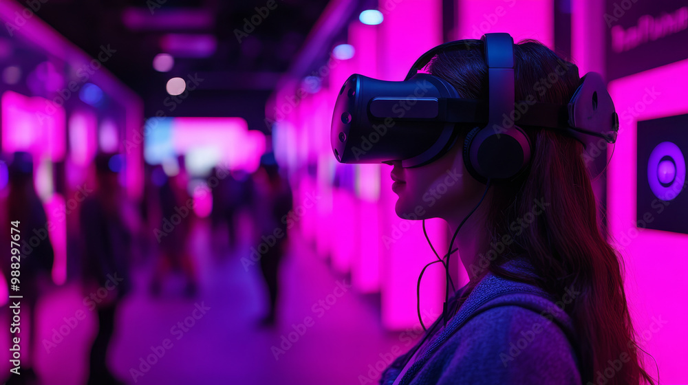 Immersed in vibrant virtual reality experience, woman wears VR headset, surrounded by colorful lights and lively atmosphere. scene captures excitement of technology and innovation Immersed in vibrant virtual reality experience, woman wears VR headset, surrounded by colorful lights and lively atmosphere. scene captures excitement of technology and innovation