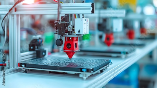 A close-up of a 3D printer nozzle in operation, showcasing precision manufacturing on a production line with various components in the background.