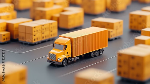 A miniature orange truck navigates through a sea of yellow shipping containers, reflecting logistics and transportation themes. photo