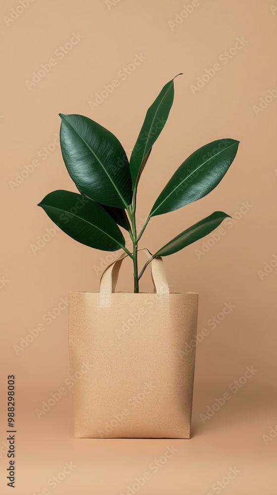 A minimalist image featuring a potted plant in a beige bag against a warm, earthy background. A minimalist image featuring a potted plant in a beige bag against a warm, earthy background.