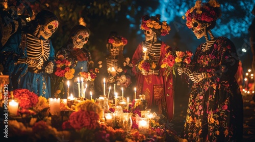 Skeletons holding candles and flowers, standing around an altar covered in offerings, celebrating their ancestors with reverence